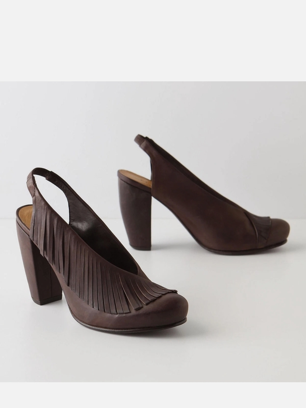 Anthropologie Colico Dark Brown Fringe Slingback Block Heels